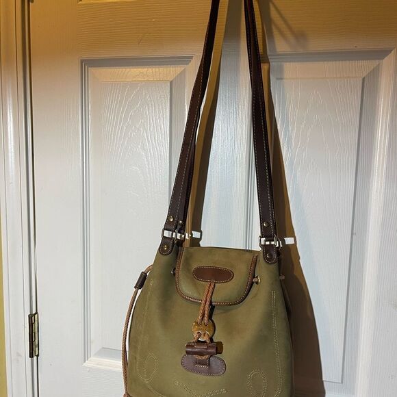 Francesco Biasia leather olive green and brown straps bucket drawstring bag. - Picture 2 of 16